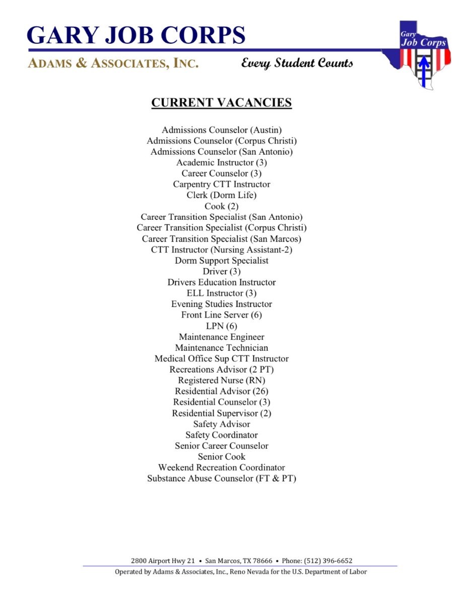 Gary Job Corps Center Open Positions