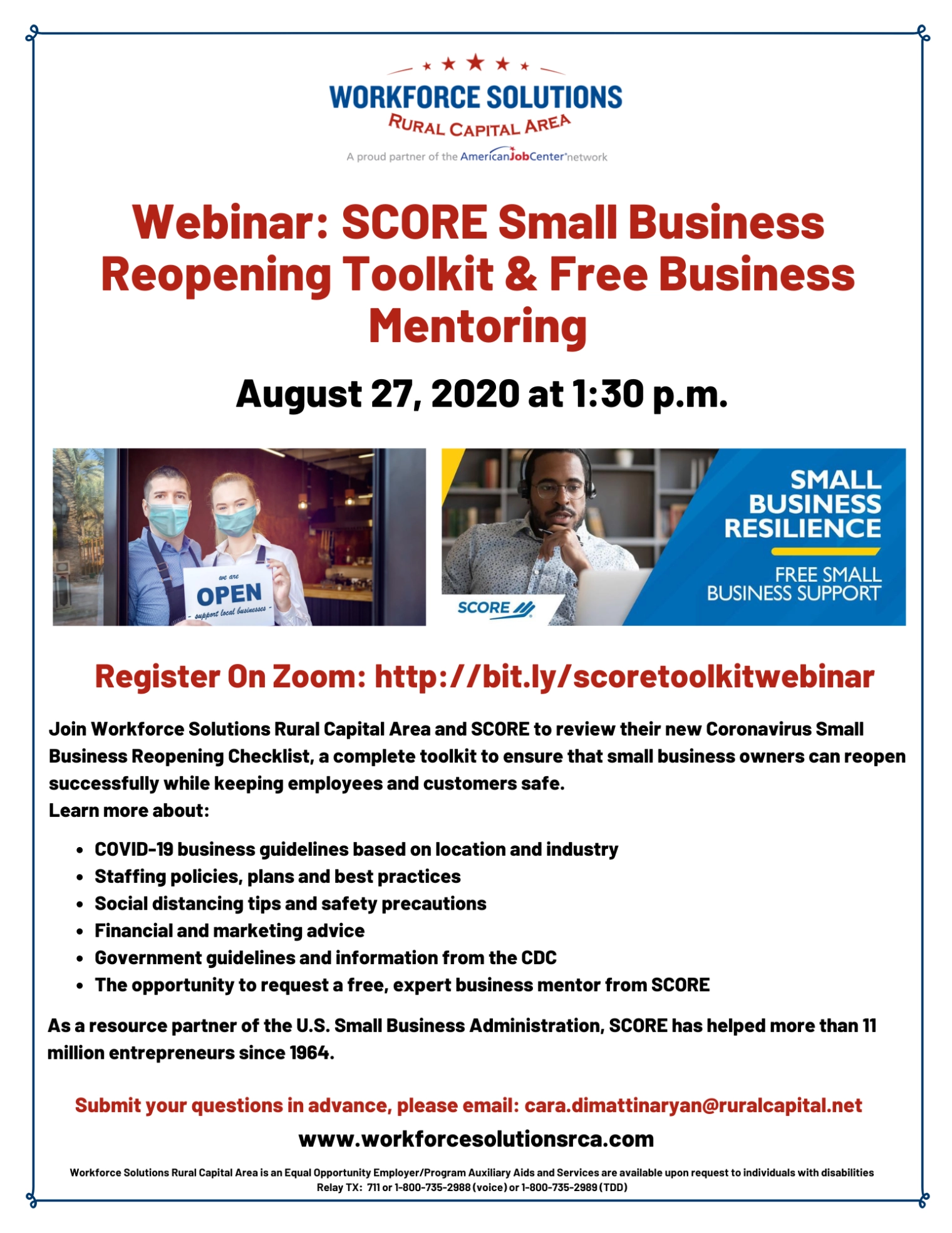 Take Part in a Webinar to Review the SCORE Small Business Reopening Toolkit, Free Business Mentoring