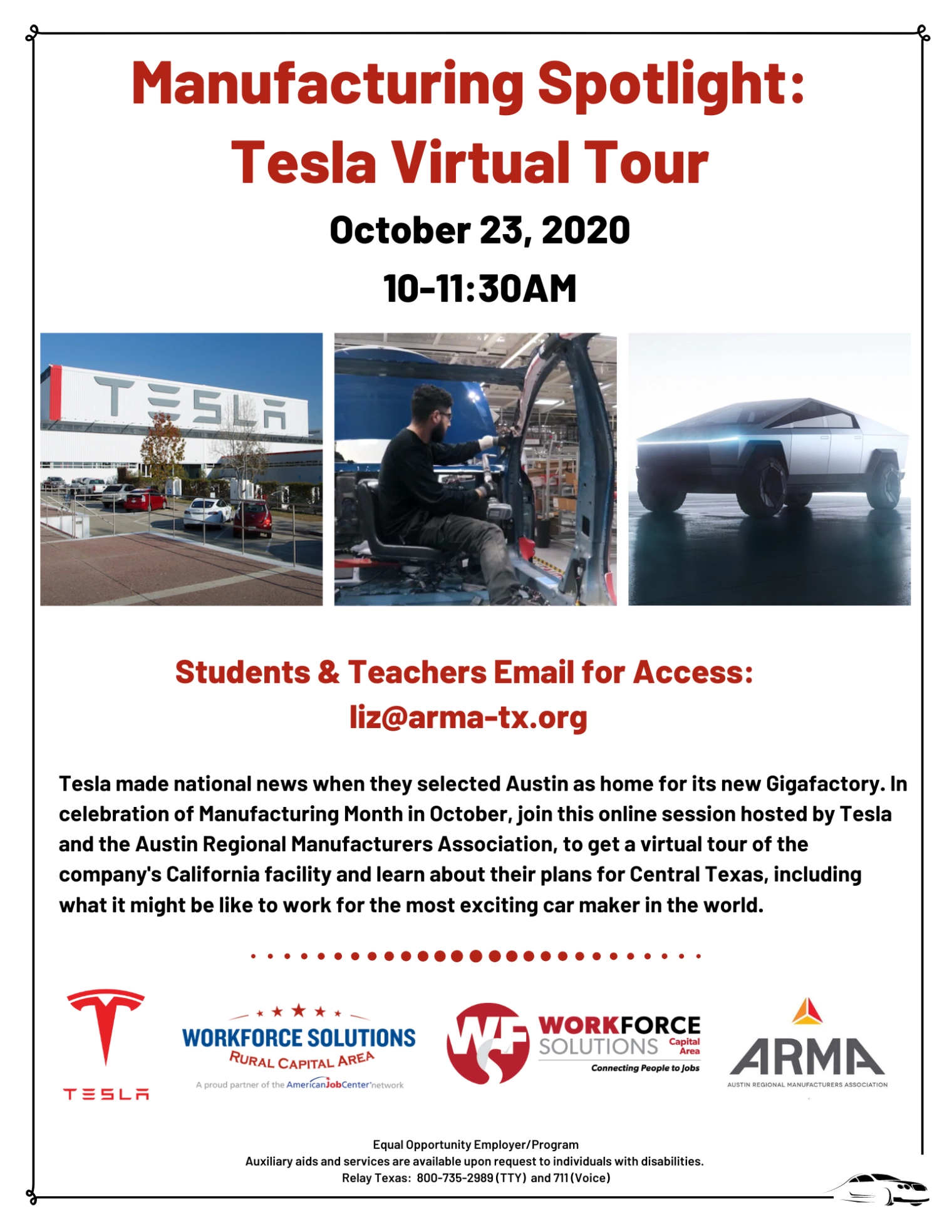 Central Texas Students & Teachers, Help Celebrate Manufacturing: Don't Miss the Tesla Virtual Tour on October 23 at 10AM